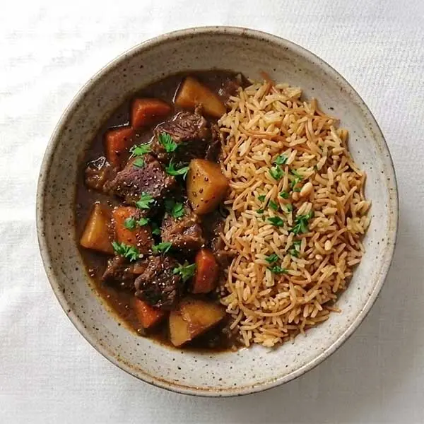 Slow-Cooked Beef Stew with Egyptian Vermicelli Rice